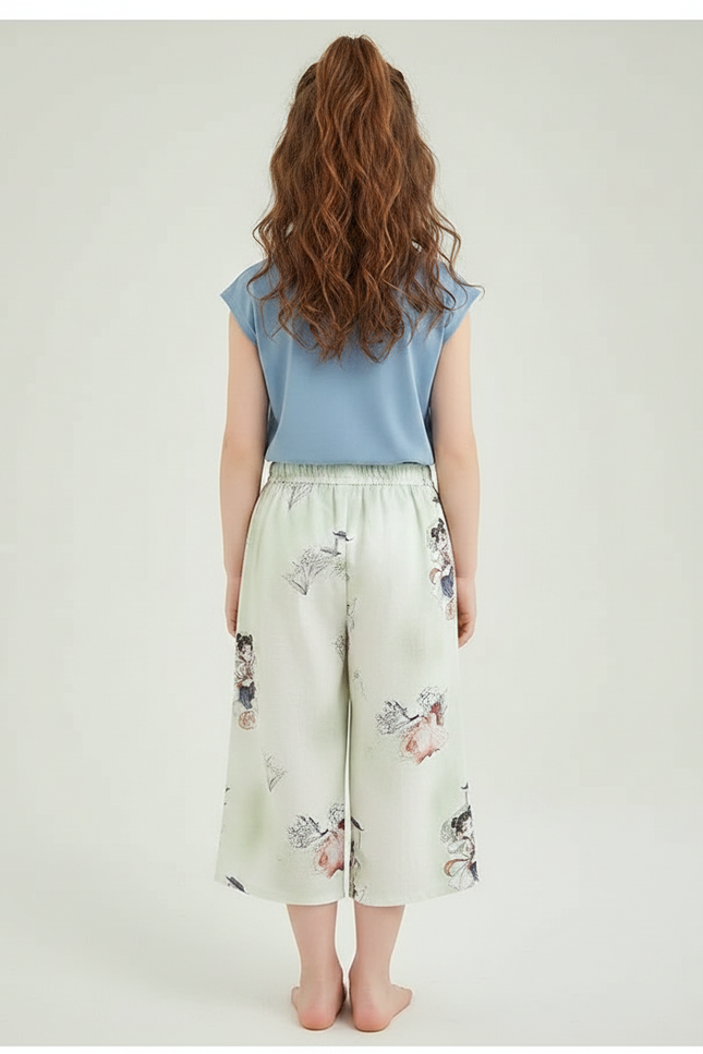Pantalon Chinois Vert Clair Motif Fille Décontracté - Soie - vue 2