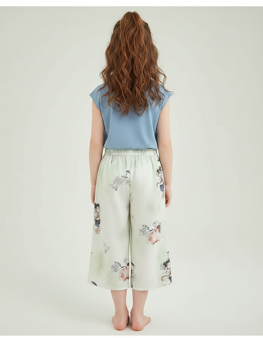 Pantalon Chinois Vert Clair Motif Fille Décontracté - Soie - vue 2