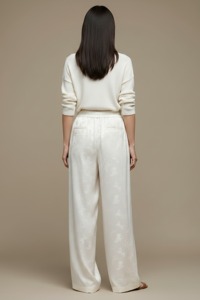 Pantalon Chinois Blanc Crème Fluide Ample Motif Floral - Satin - vue 2
