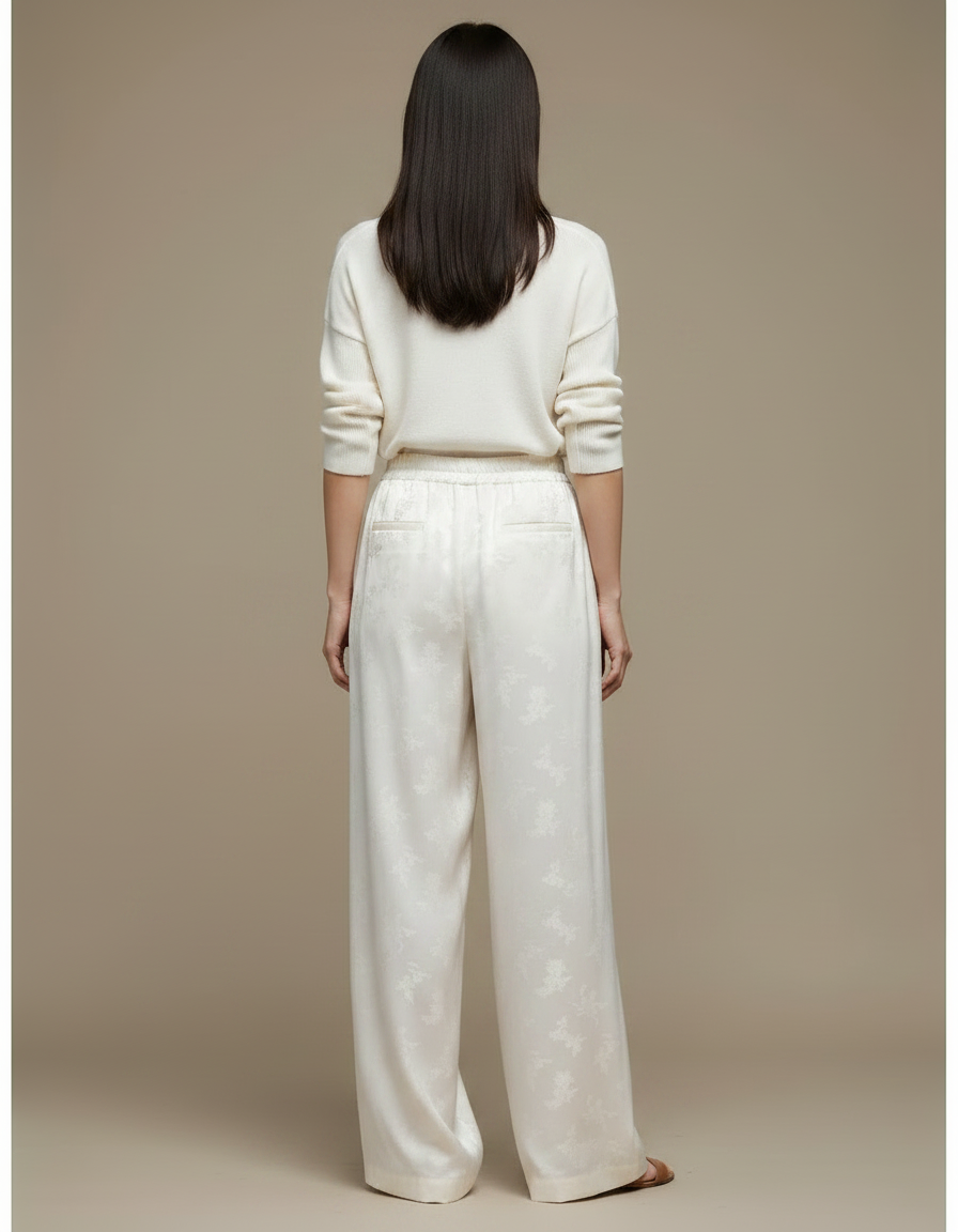 Pantalon Chinois Blanc Crème Fluide Ample Motif Floral - Satin - vue 2