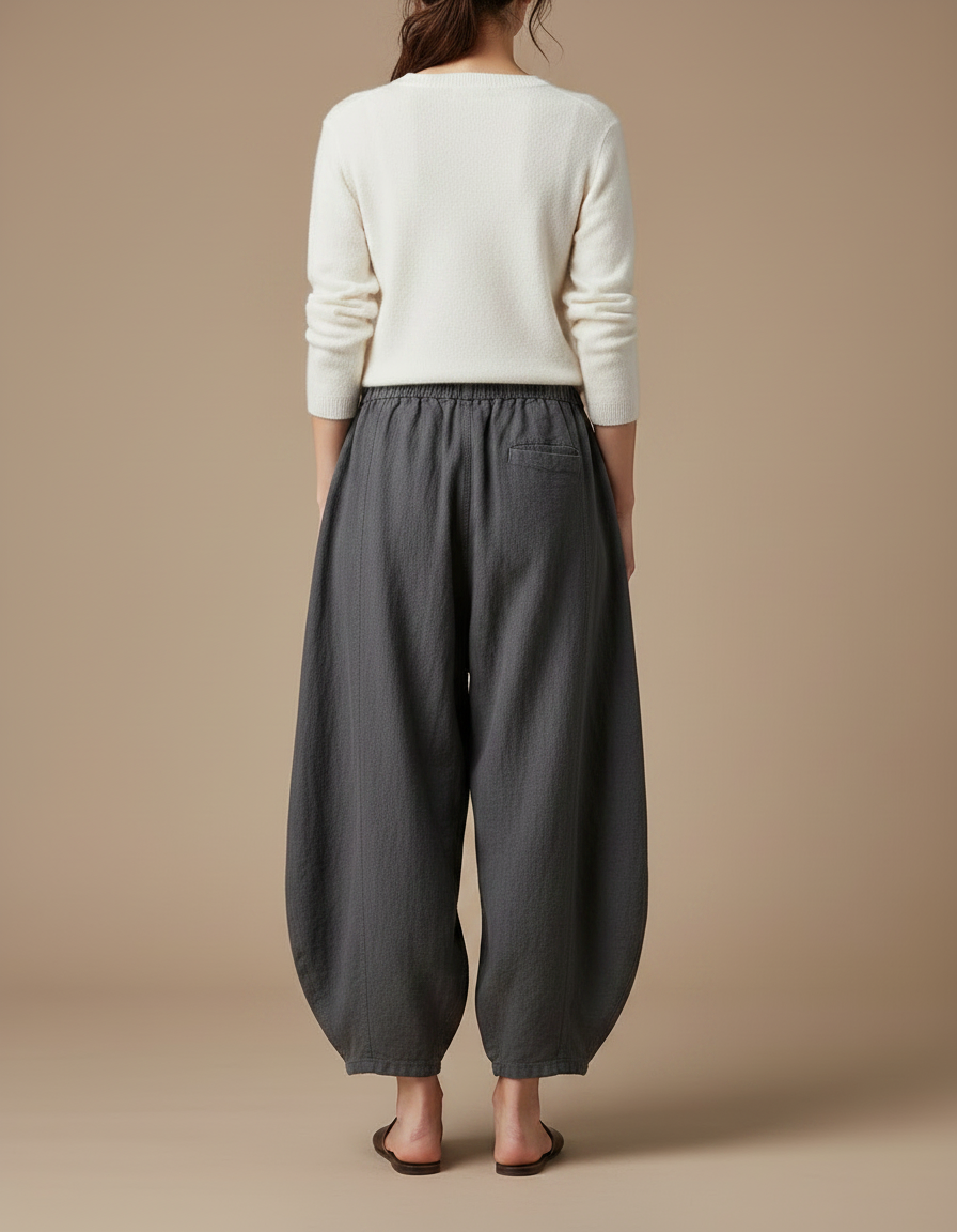 Pantalon Chinois Gris Ample Lin Décontracté Femme - vue 2