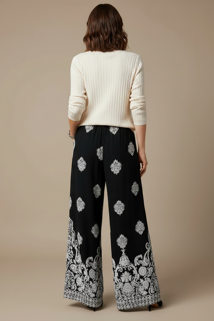 Pantalon Chinois Noir Imprimé Floral Ample Fluide Cordon - Viscose - vue 2