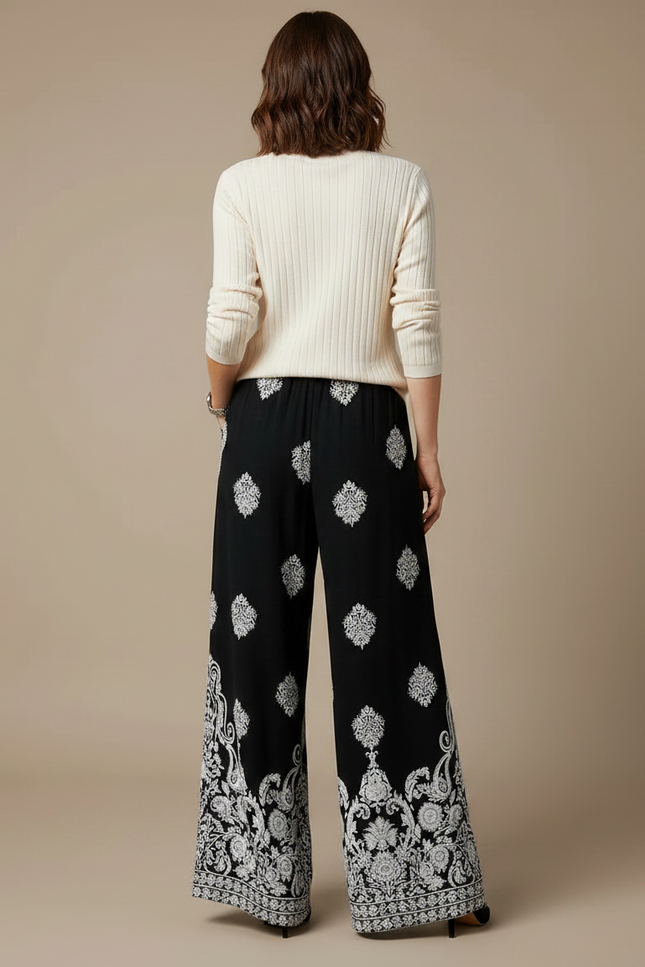 Pantalon Chinois Noir Imprimé Floral Ample Fluide Cordon - Viscose - vue 2