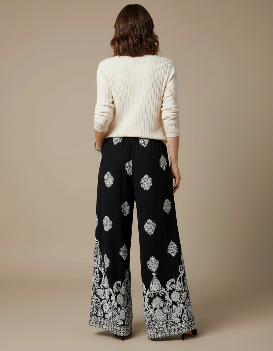 Pantalon Chinois Noir Imprimé Floral Ample Fluide Cordon - Viscose - vue 2