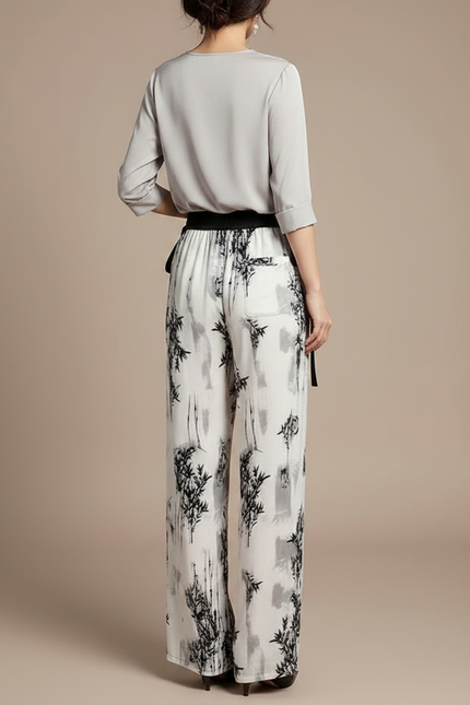 Pantalon Chinois Fluide Imprimé Bambou Noir Blanc Ample - Viscose - vue 2