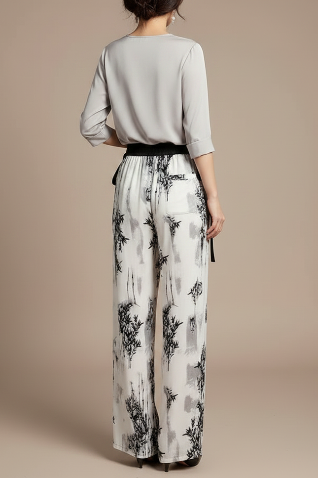 Pantalon Chinois Fluide Imprimé Bambou Noir Blanc Ample - Viscose - vue 2