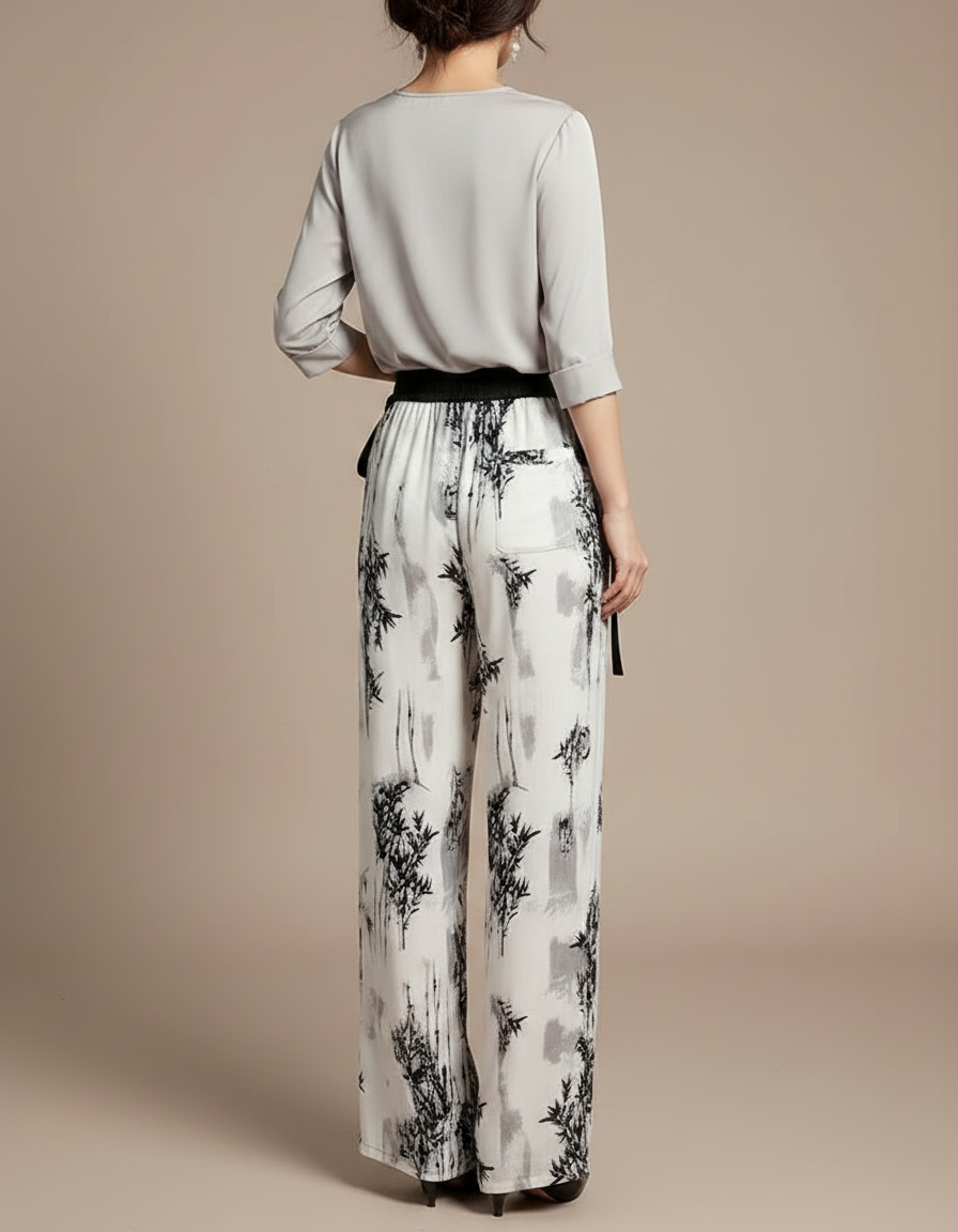 Pantalon Chinois Fluide Imprimé Bambou Noir Blanc Ample - Viscose - vue 2