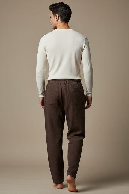 Pantalon Chinois Marron Ample Coton Lin Décontracté - vue 2