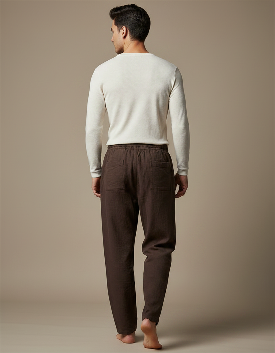 Pantalon Chinois Marron Ample Coton Lin Décontracté - vue 2