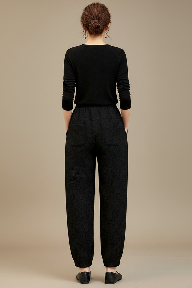 Pantalon Chinois Noir Brodé Harem Décontracté Femme - Coton - vue 2