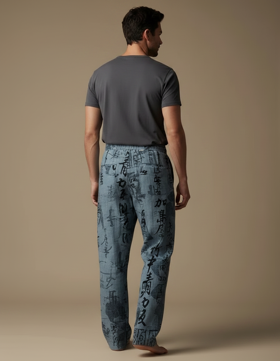 Pantalon Chinois Imprimé Calligraphie Large Décontracté Élégant - Lin - vue 2