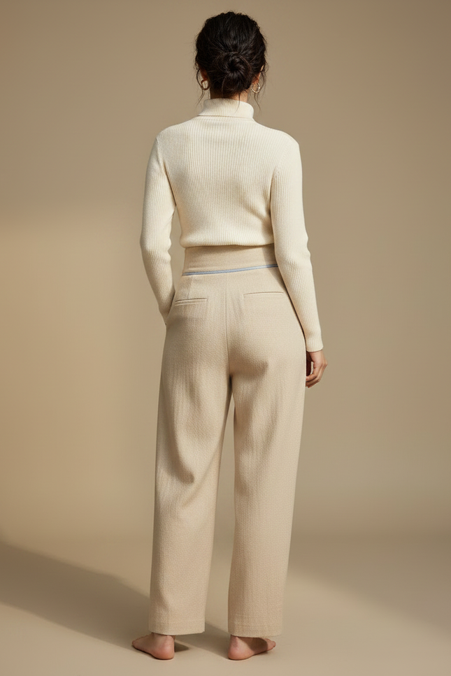 Pantalon Chinois Beige Ample Taille Haute Boutons - Laine - vue 2