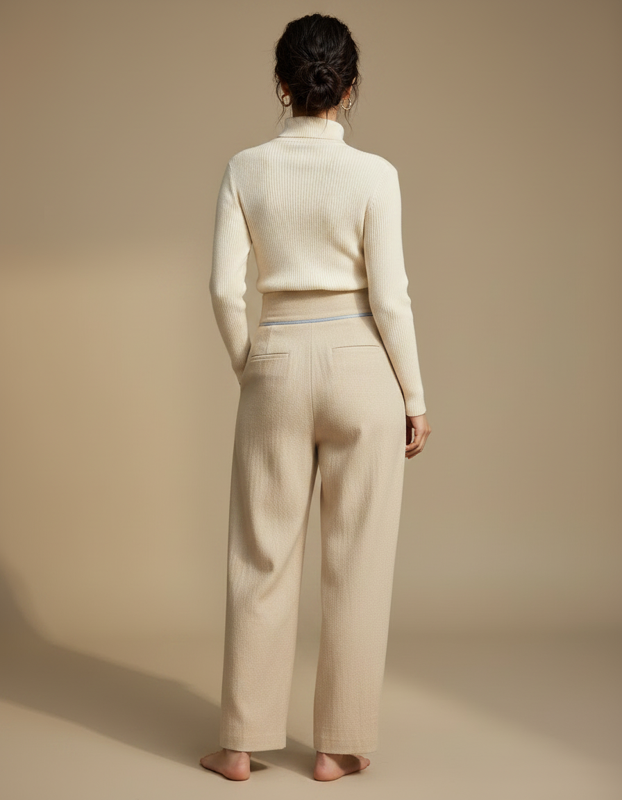 Pantalon Chinois Beige Ample Taille Haute Boutons - Laine - vue 2