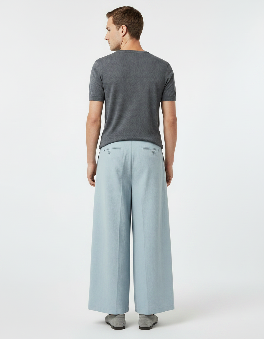 Pantalon Chinois Bleu Ciel Ample Plissé Décontracté - Lin - vue 2