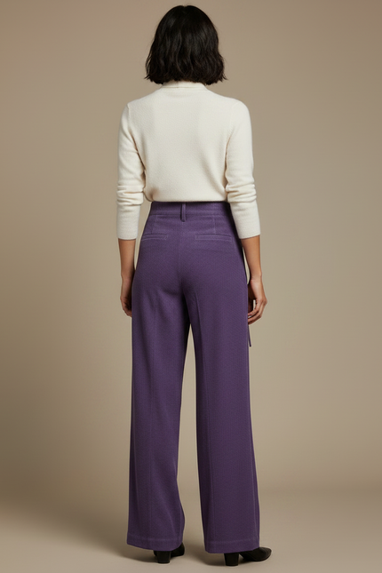 Pantalon Chinois Violet Côtelé Ample Taille Haute - Cordé - vue 2
