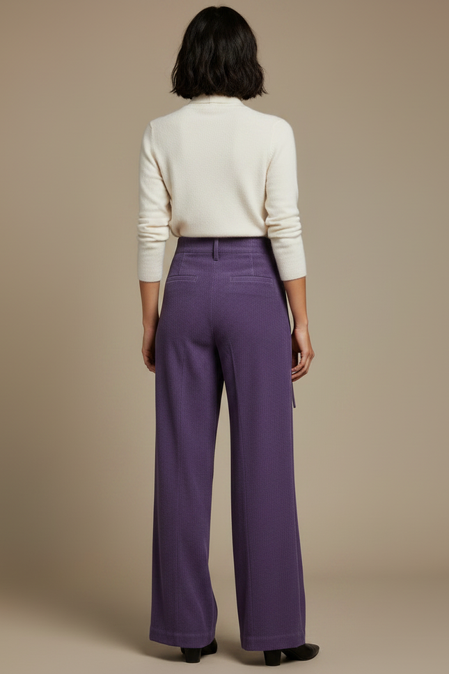 Pantalon Chinois Violet Côtelé Ample Taille Haute - Cordé - vue 2