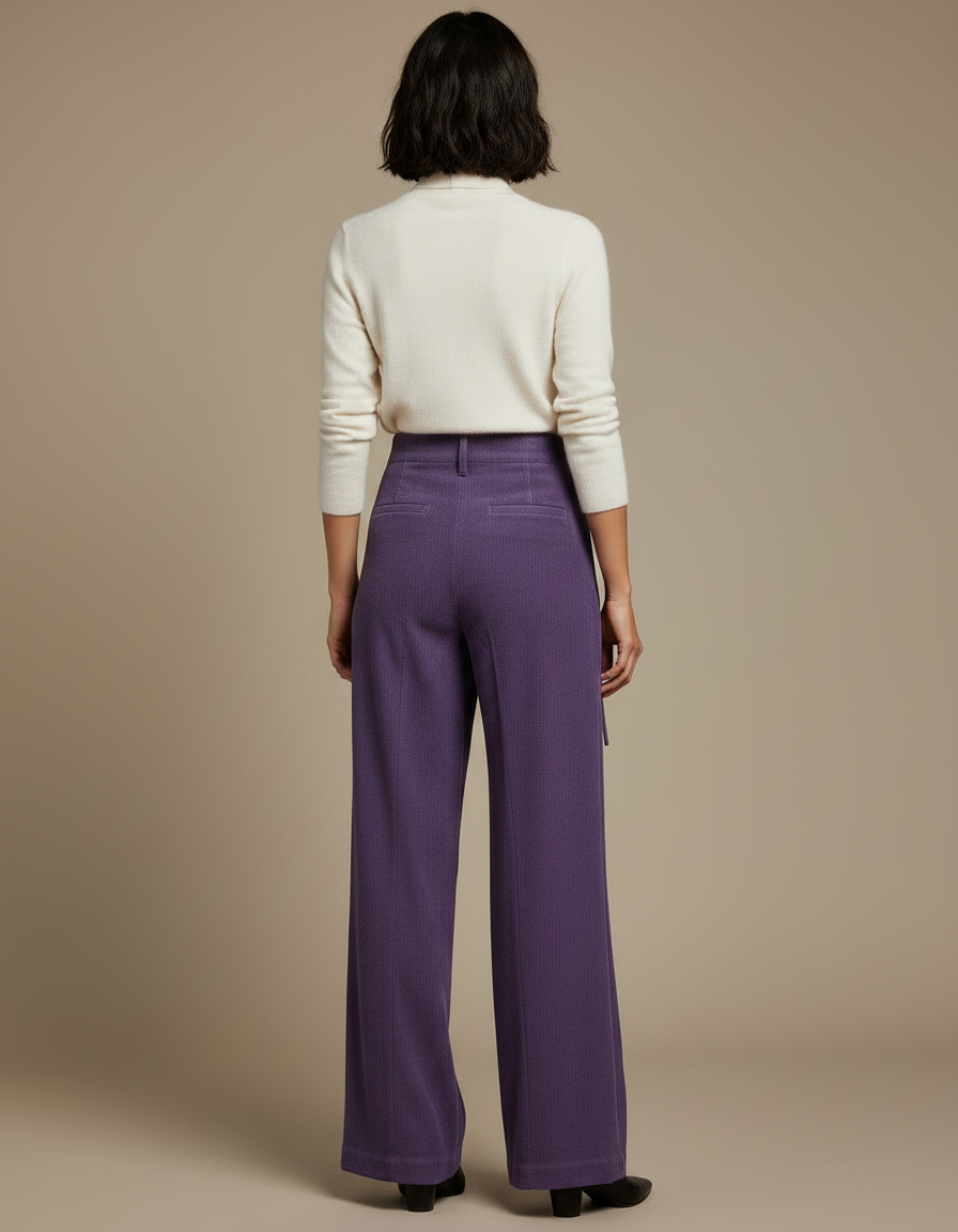 Pantalon Chinois Violet Côtelé Ample Taille Haute - Cordé - vue 2