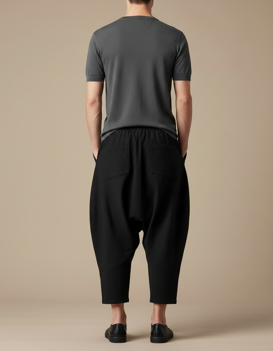 Pantalon Chinois Noir Ample Coton Harem Décontracté - vue 2