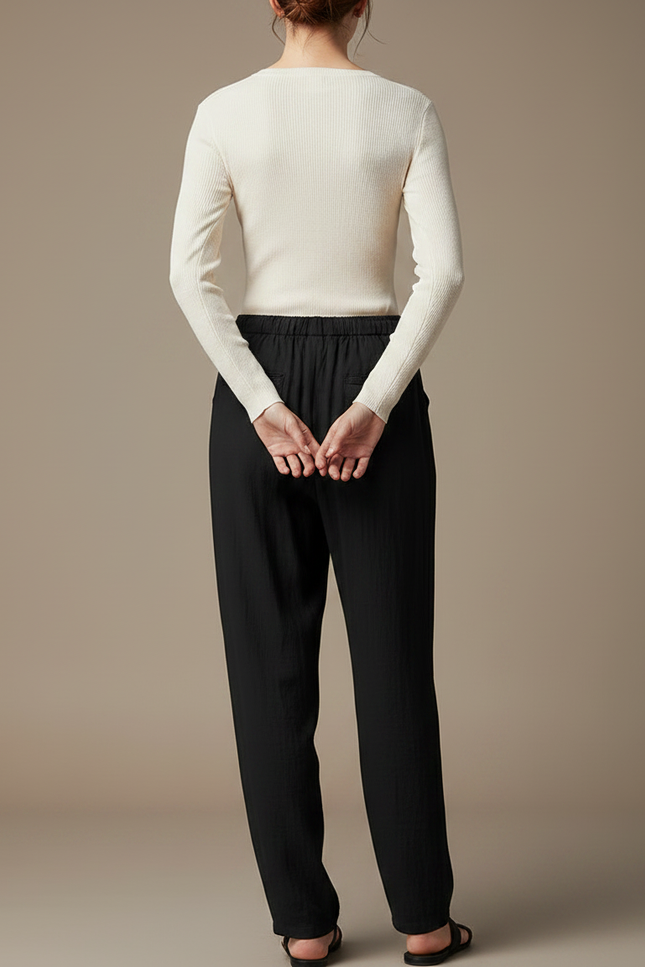Pantalon Chinois Noir Coton Lin Ample Confortable - vue 2