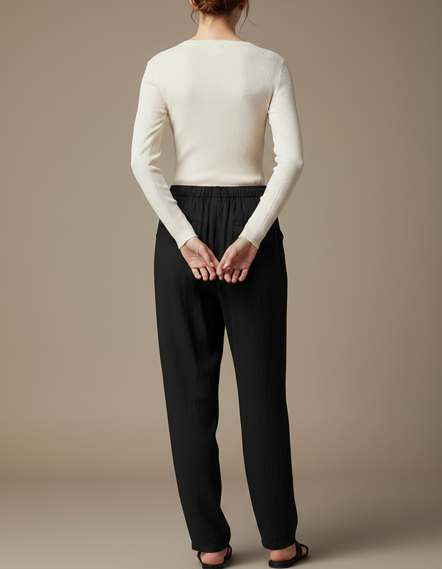 Pantalon Chinois Noir Coton Lin Ample Confortable - vue 2
