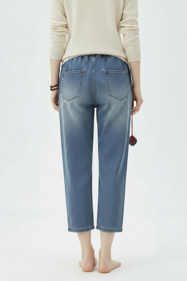 Pantalon Chinois Denim Brodé Floral Déchiré Ample Femme - Bleu Jean - vue 2