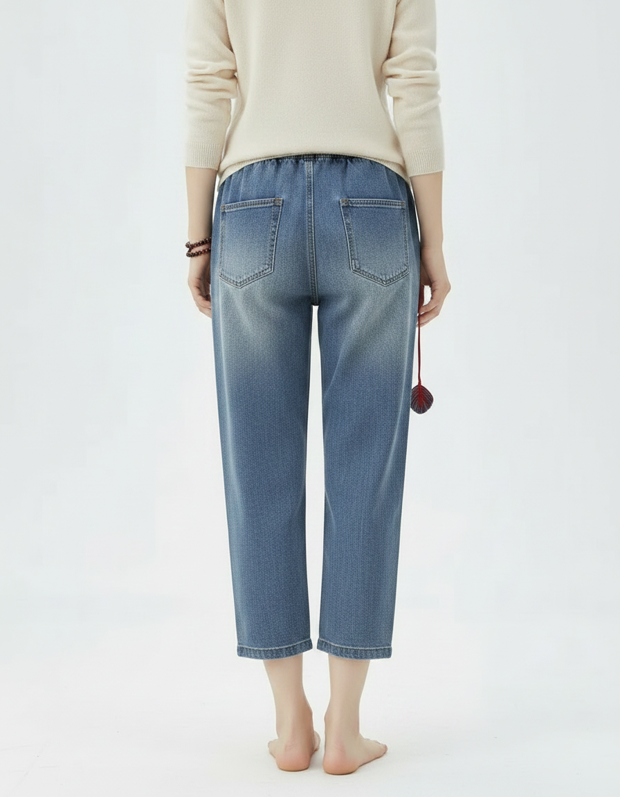 Pantalon Chinois Denim Brodé Floral Déchiré Ample Femme - Bleu Jean - vue 2