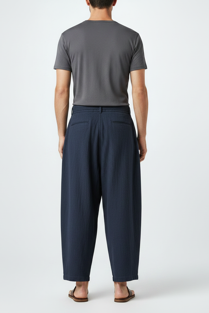 Pantalon Chinois Bleu Marine Ample Coton Lin Ceinturé - vue 2