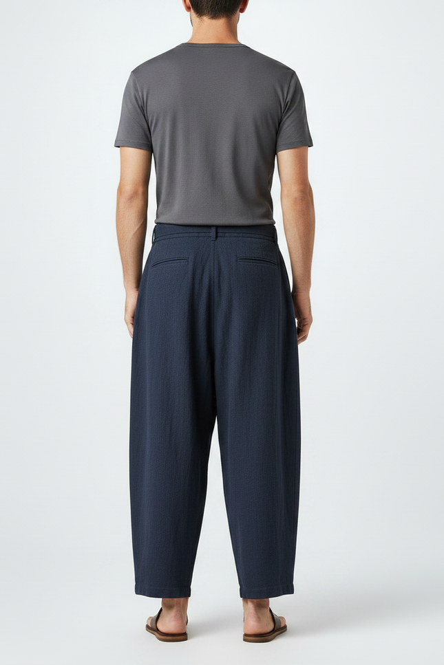 Pantalon Chinois Bleu Marine Ample Coton Lin Ceinturé - vue 2