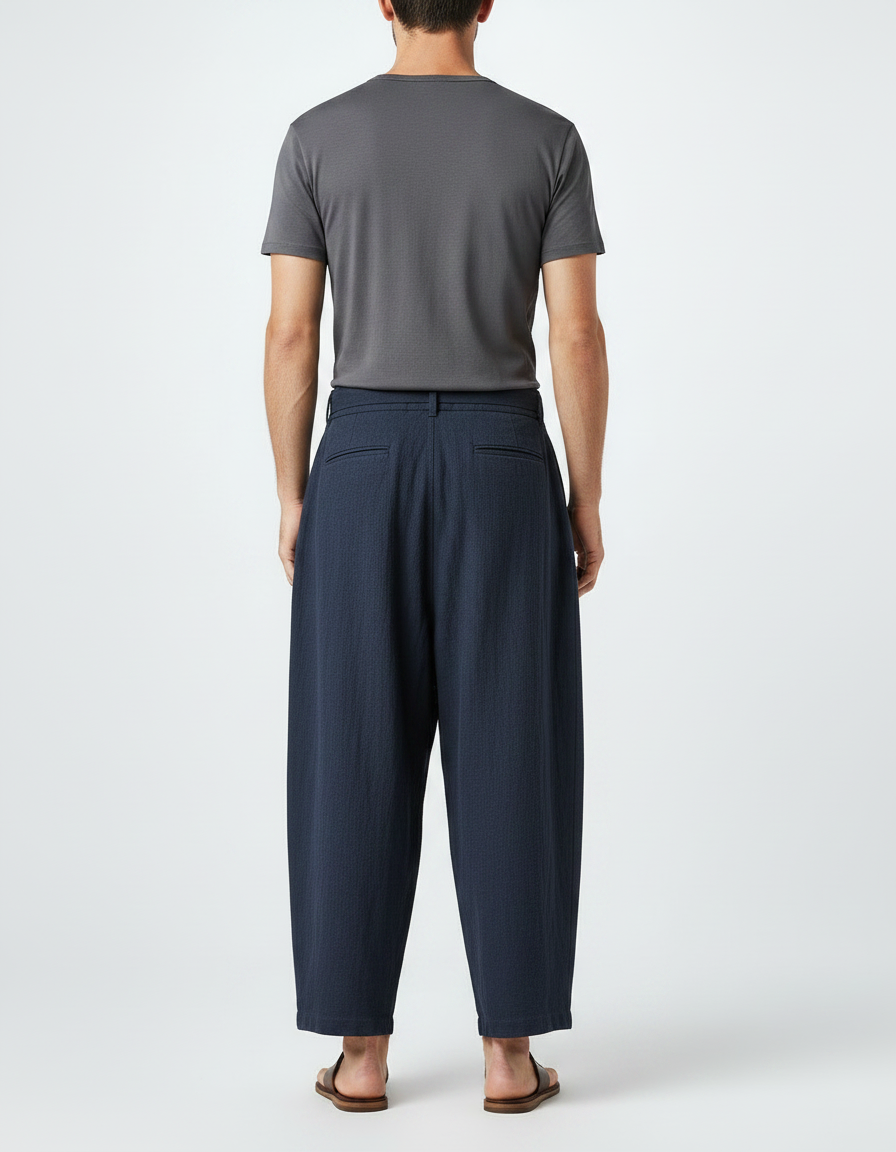 Pantalon Chinois Bleu Marine Ample Coton Lin Ceinturé - vue 2
