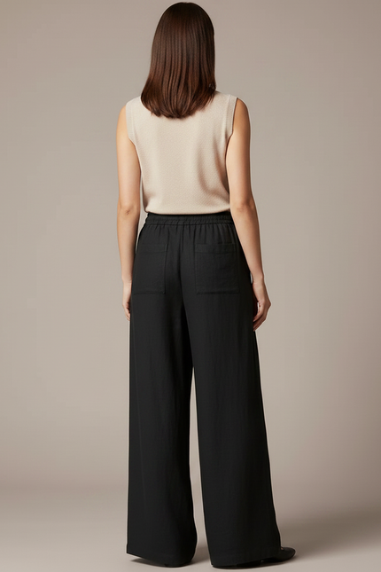 Pantalon Chinois Noir Ample Fluide Coton Lin - vue 2