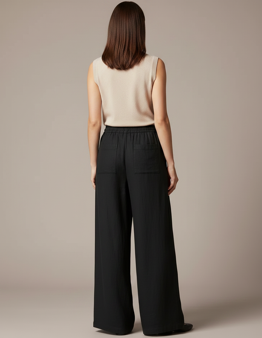 Pantalon Chinois Noir Ample Fluide Coton Lin - vue 2