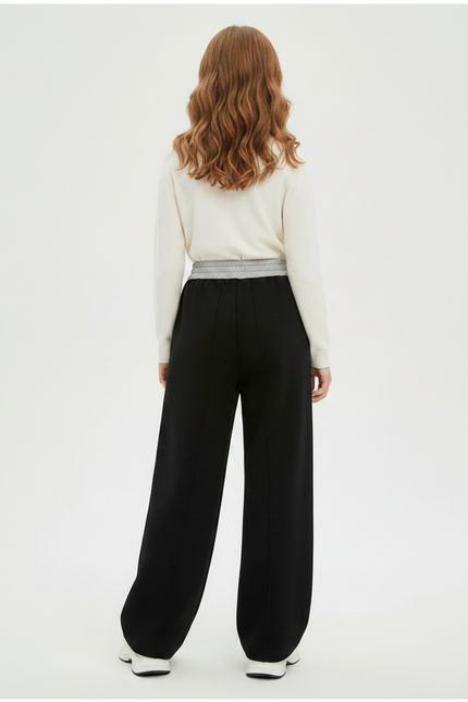 Pantalon Chinois Noir Ample Coton Élastique Fille - Molleton - vue 2
