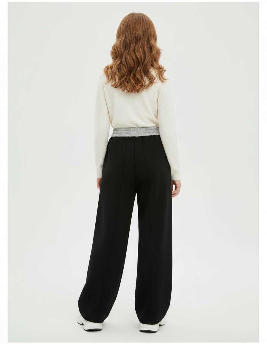 Pantalon Chinois Noir Ample Coton Élastique Fille - Molleton - vue 2