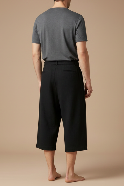 Pantalon Chinois Noir Ample Coton Lin Ceinturé Décontracté - vue 2