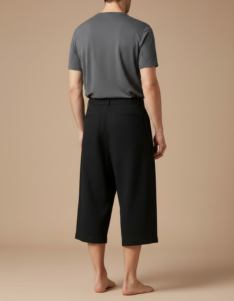 Pantalon Chinois Noir Ample Coton Lin Ceinturé Décontracté - vue 2