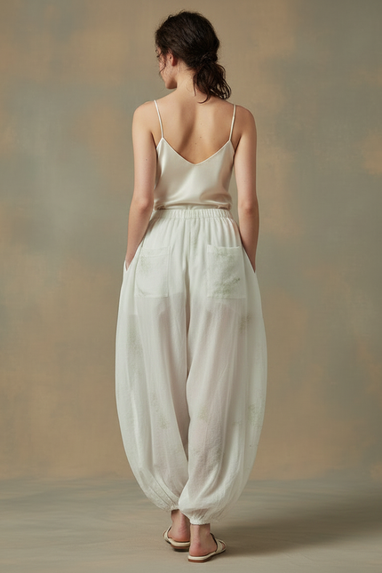 Pantalon Chinois Blanc Fluide Ample Transparent Imprimé - Soie - vue 2
