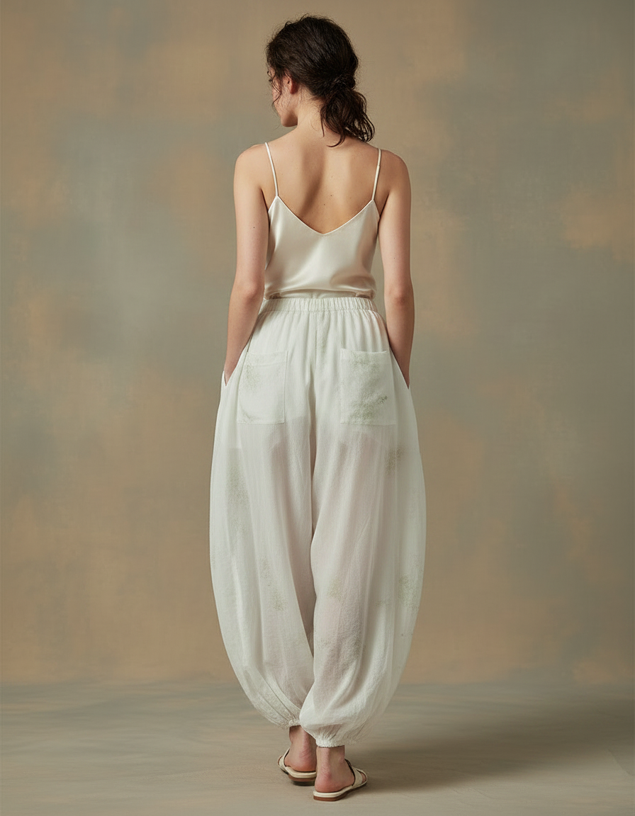 Pantalon Chinois Blanc Fluide Ample Transparent Imprimé - Soie - vue 2