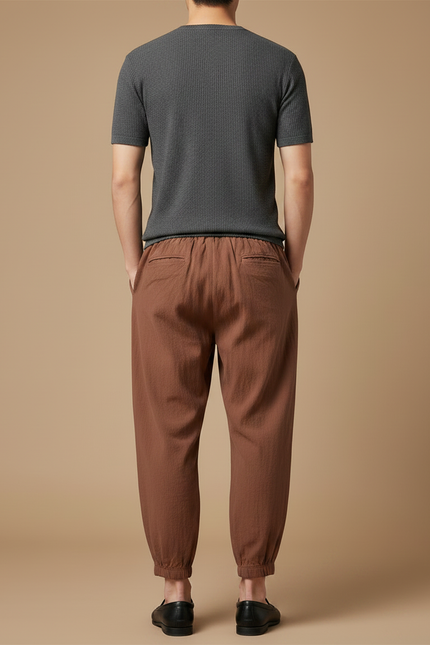 Pantalon Chinois Marron Ample Lin Coton Décontracté - vue 2