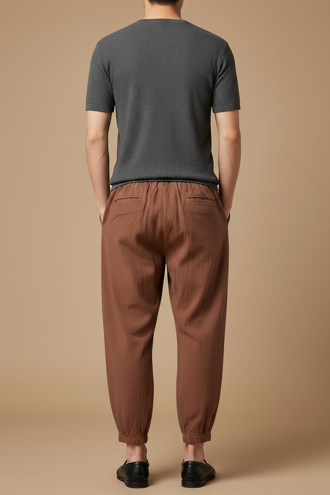 Pantalon Chinois Marron Ample Lin Coton Décontracté - vue 2