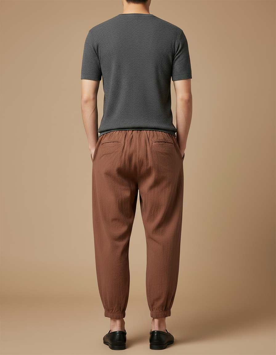 Pantalon Chinois Marron Ample Lin Coton Décontracté - vue 2