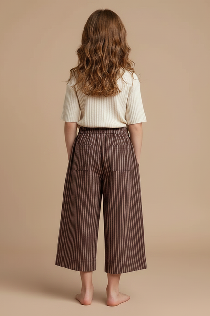 Pantalon Chinois Rayé Marron Ample Coton Fluide - vue 2