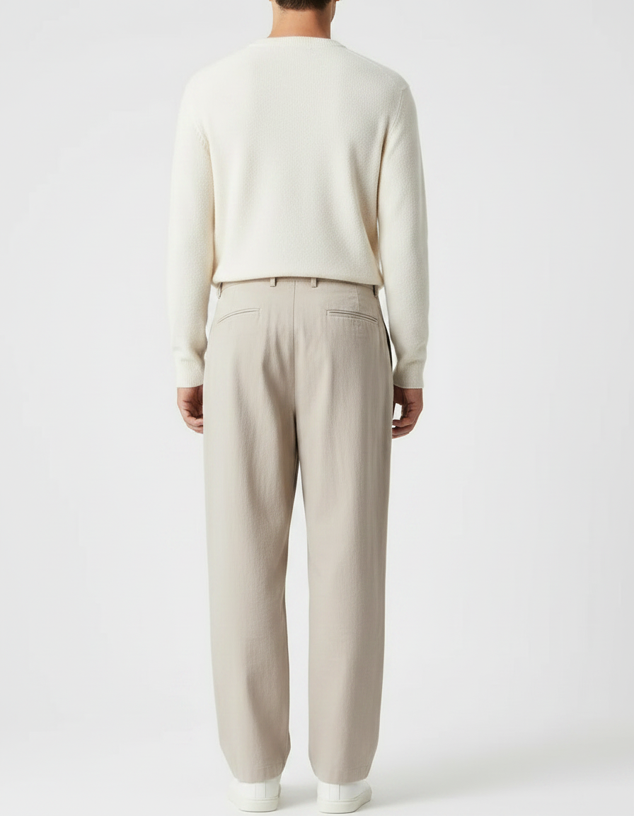 Pantalon Chinois Plissé Ample Beige Décontracté Homme - Coton - vue 2