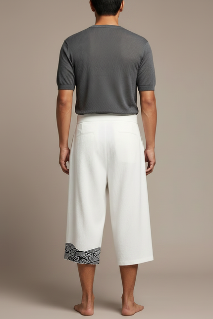 Pantalon Chinois Blanc Ample Coton Brodé Plissé Ceinturé - Lin - vue 2