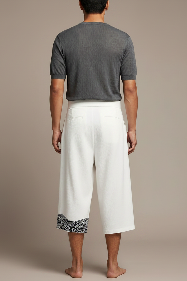 Pantalon Chinois Blanc Ample Coton Brodé Plissé Ceinturé - Lin - vue 2