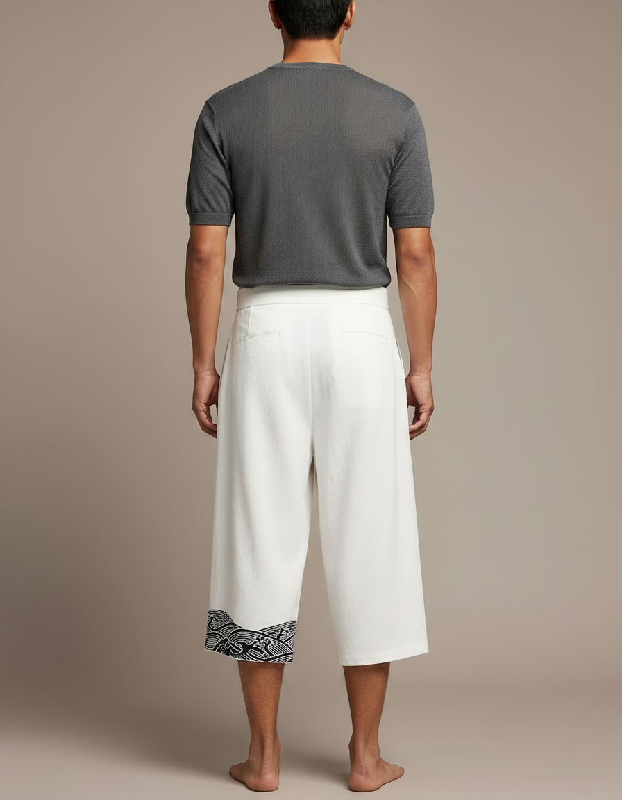 Pantalon Chinois Blanc Ample Coton Brodé Plissé Ceinturé - Lin - vue 2