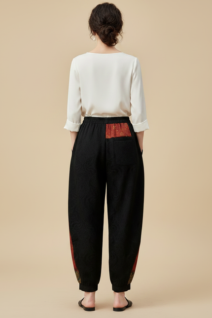 Pantalon Chinois Noir Velours Imprimé Floral Ample Femme - vue 2