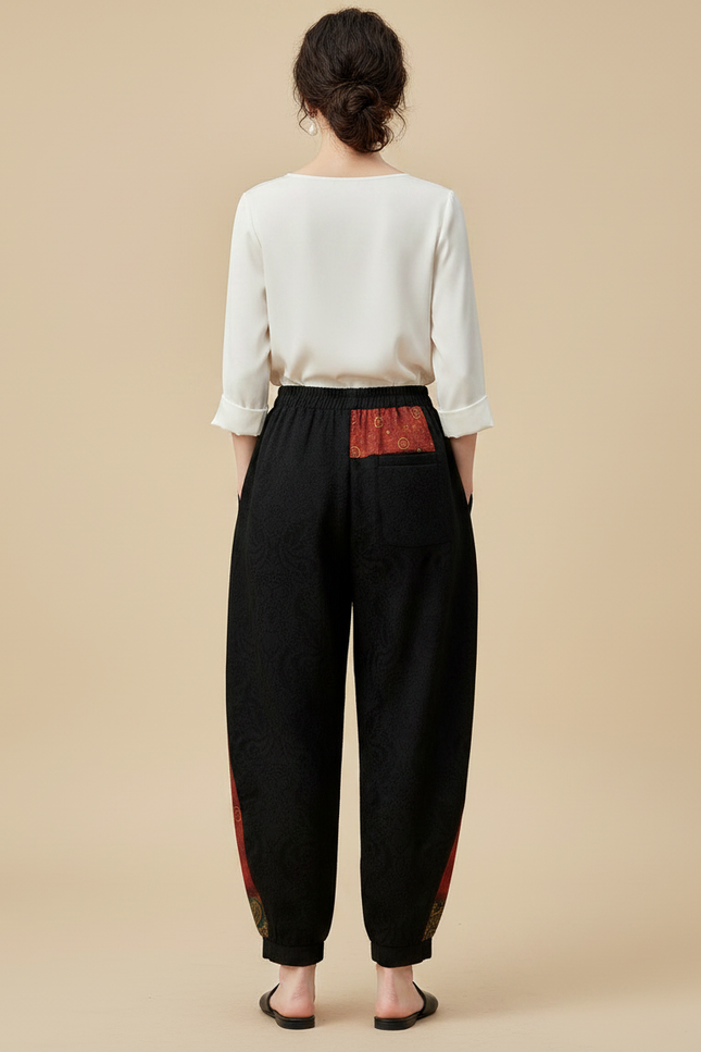 Pantalon Chinois Noir Velours Imprimé Floral Ample Femme - vue 2