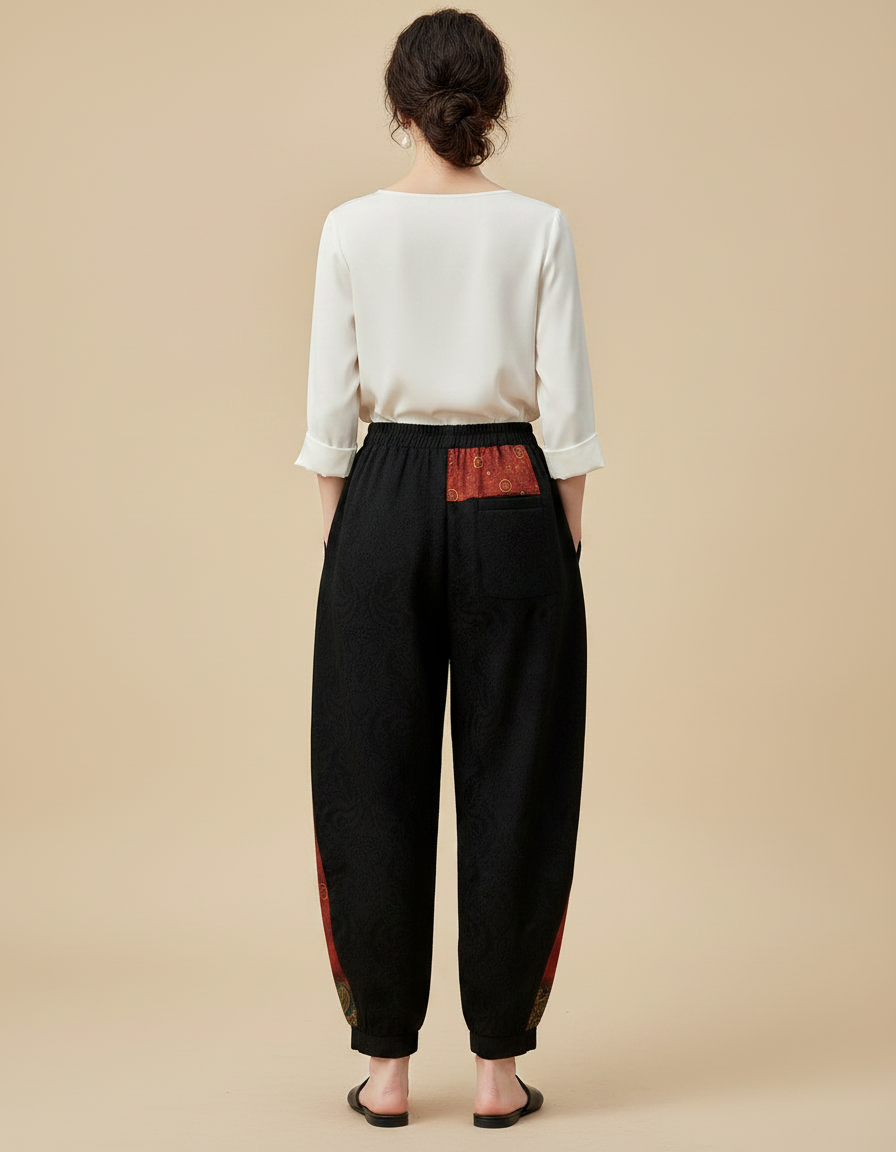 Pantalon Chinois Noir Velours Imprimé Floral Ample Femme - vue 2