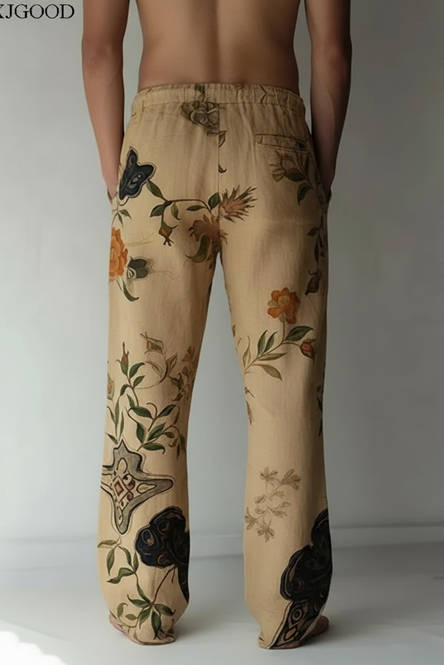 Pantalon Chinois Beige Fleurie Ample Lin Homme - vue 2