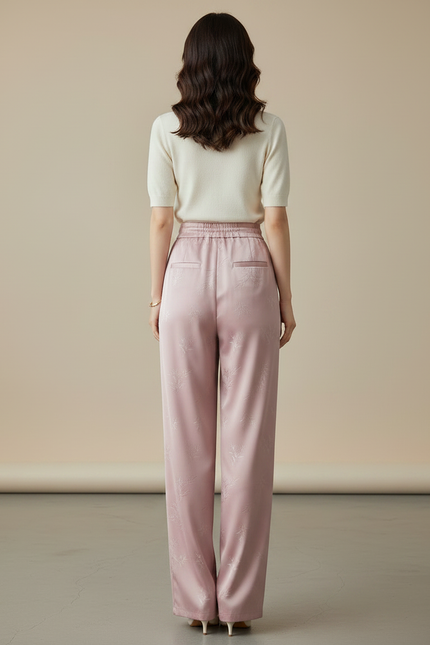 Pantalon Chinois Rose Satiné Jacquard Ample Décontracté Fluide - vue 2